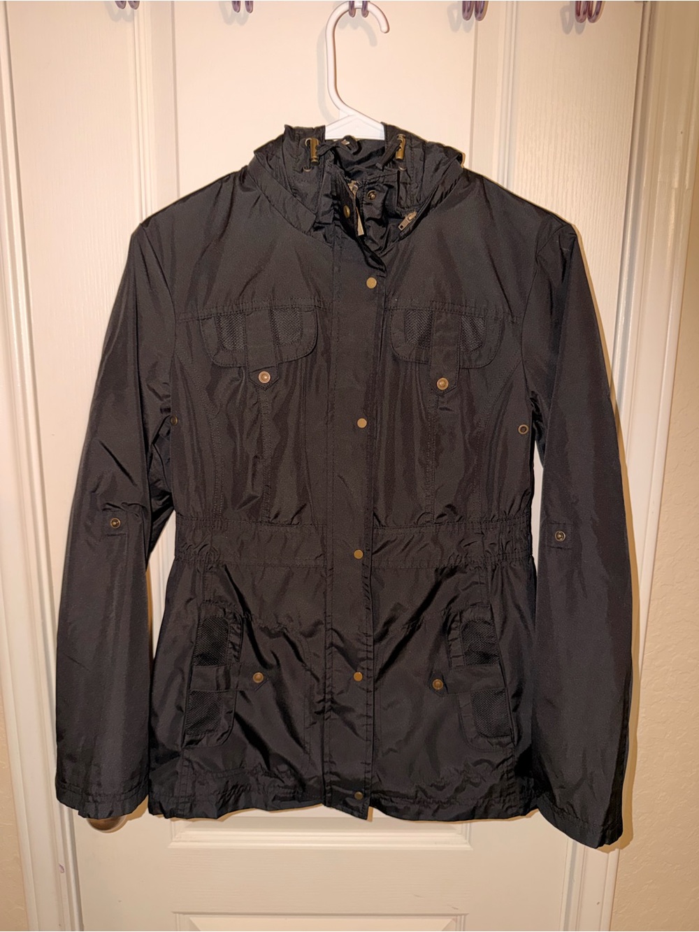 Women’s Black Hooded Utility Jacket with Cinch Waist